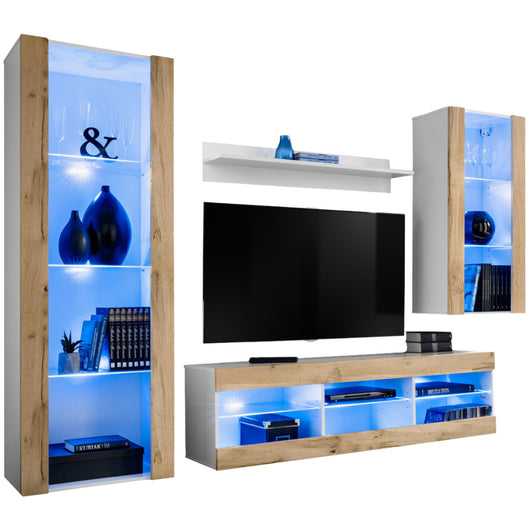 Set Di Mobili Porta TV Tivoli Medio, Komodee, Bianco/Wotan, LED Blu, Larghezza 245 cm x Altezza 159 cm x Profondità 35 cm, Per soggiorno, Camera da letto