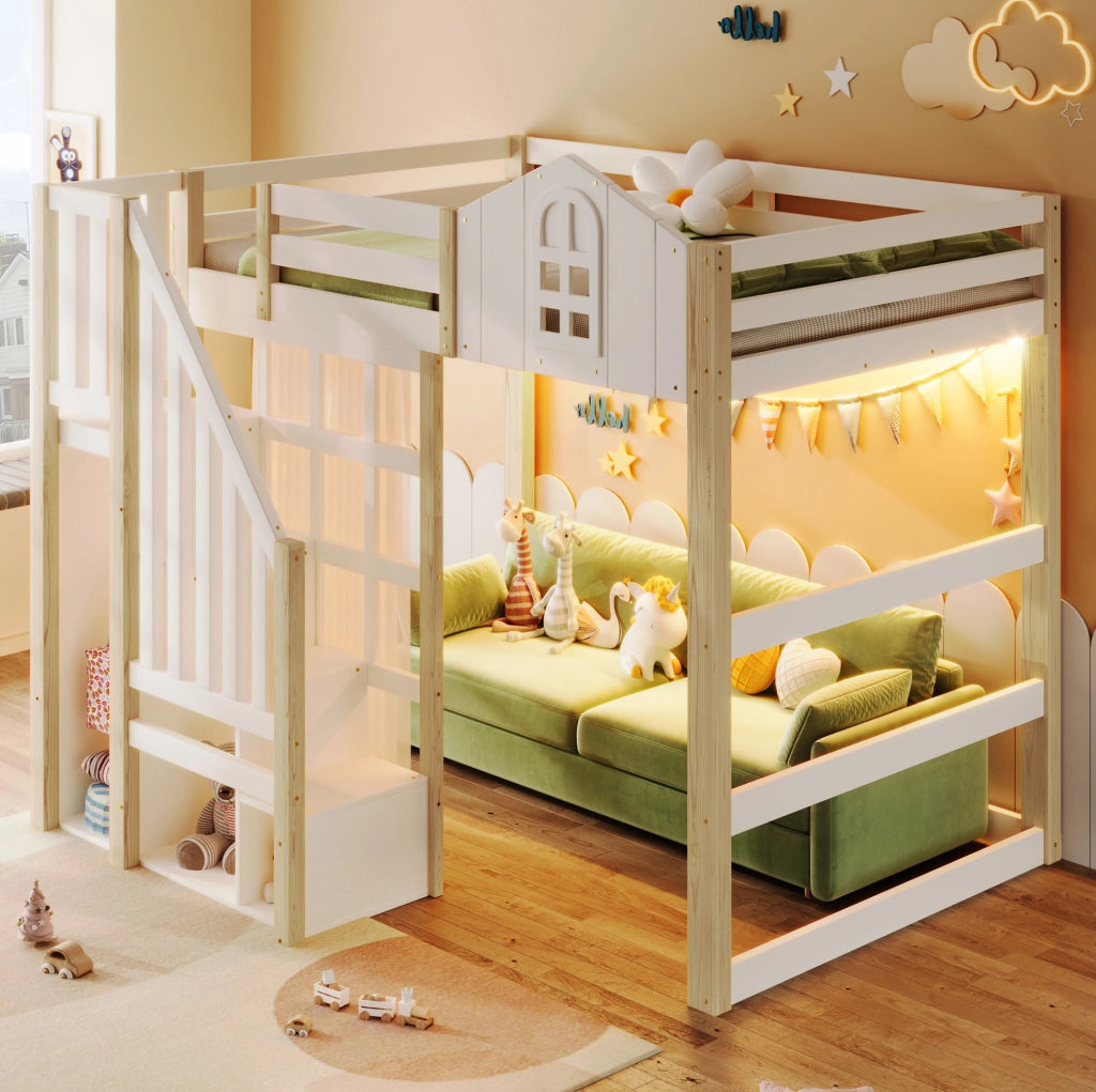 Letto a soppalco 140x200 cm con LED, scala contenitore