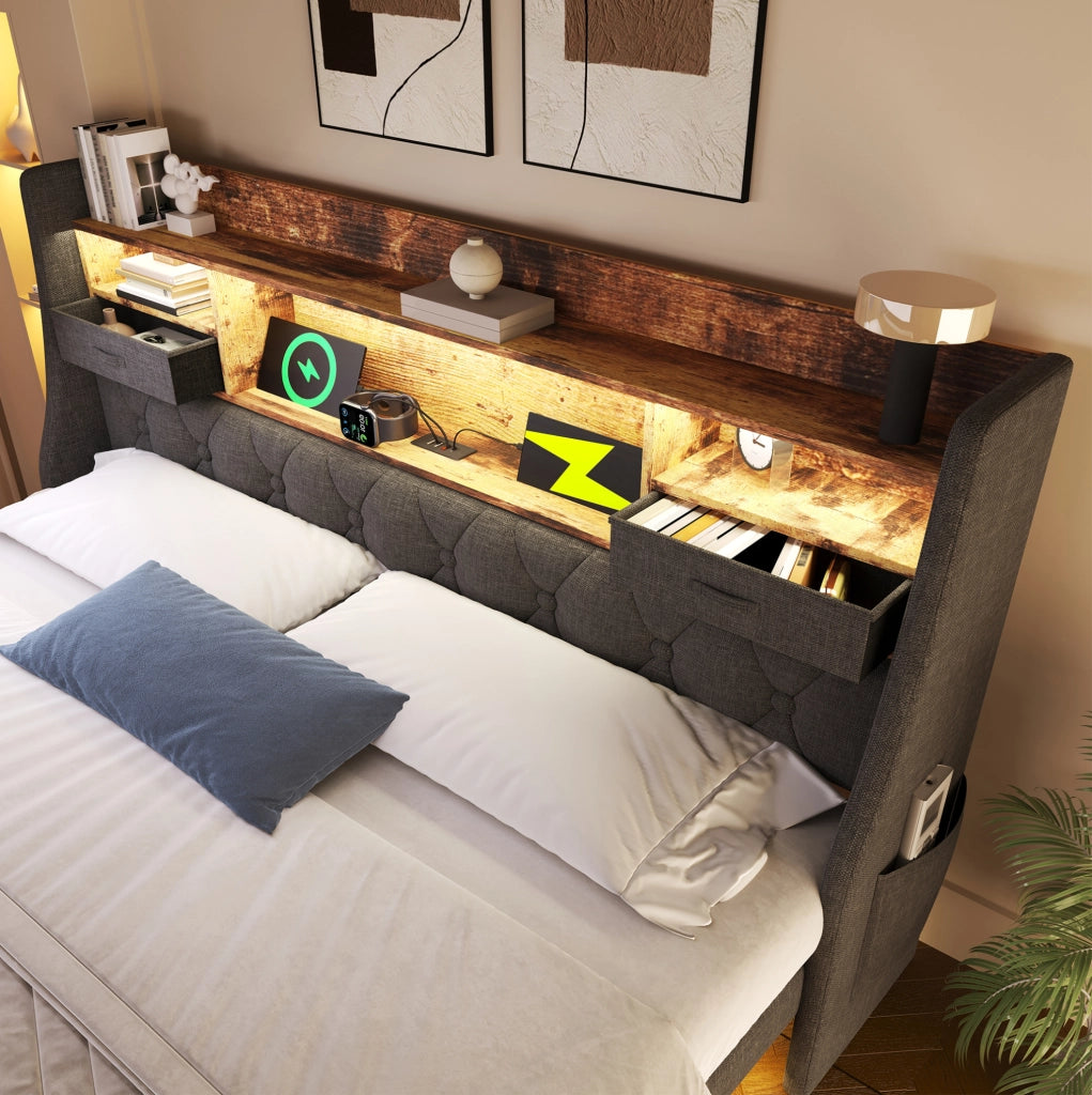 Letto imbottito 140x200 cm con LED, testiera contenitore, USB e materasso, grigio