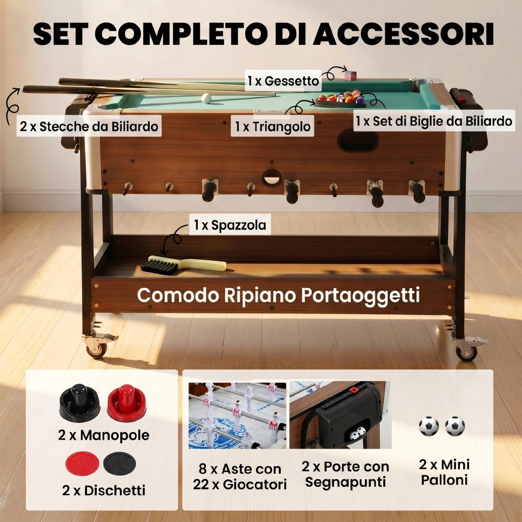 Tavolo da Gioco 3 In 1 Air Hockey Biliardo Calcio Balilla 102,5x61,5x65 cm Ruote Bloccabili Ripiano in MDF Effetto Noce