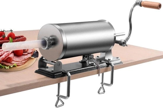 Worstvuller manuale da 3,6 l / 4,8 l, macchina da riempimento di ferro inossidabile, macchina da riempimento inclusa con 4 tubi di riempimento argentati, pistola di riempimento con morsetto da tavolo, pistola di spruzzo argentata da 3,6 l