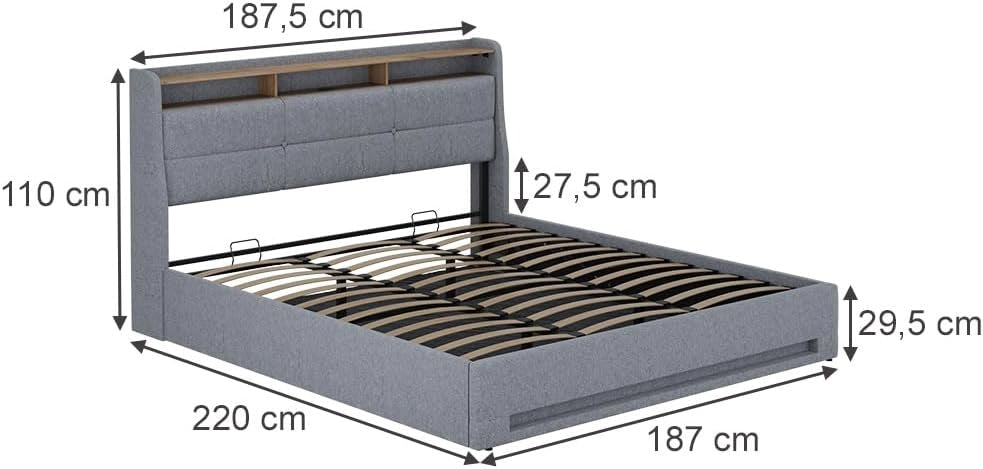 Letto imbottito Christin, Grigio/quercia, 180x200 con LED, porta USB e materasso