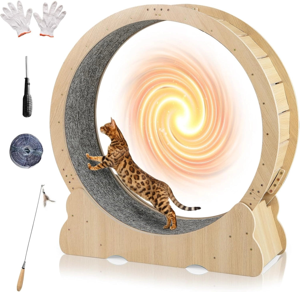 Ruota per Esercizio per Gatti da Interno 101 cm, Tapis Roulant per Gatti con Meccanismo di Blocco, Corsa con Moquette Rimovibile, Ruota di Allenamento in Legno a Rumore Ultra Basso