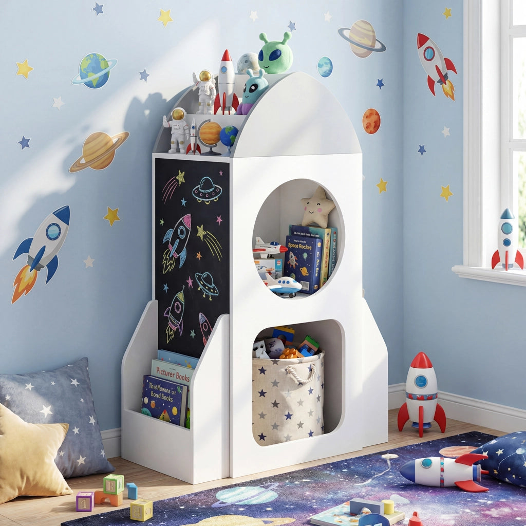 Libreria bambini 3 livelli tema razzo spaziale lavagna, Libreria 2 cubi ripiano aperto legno aula sala giochi asilo