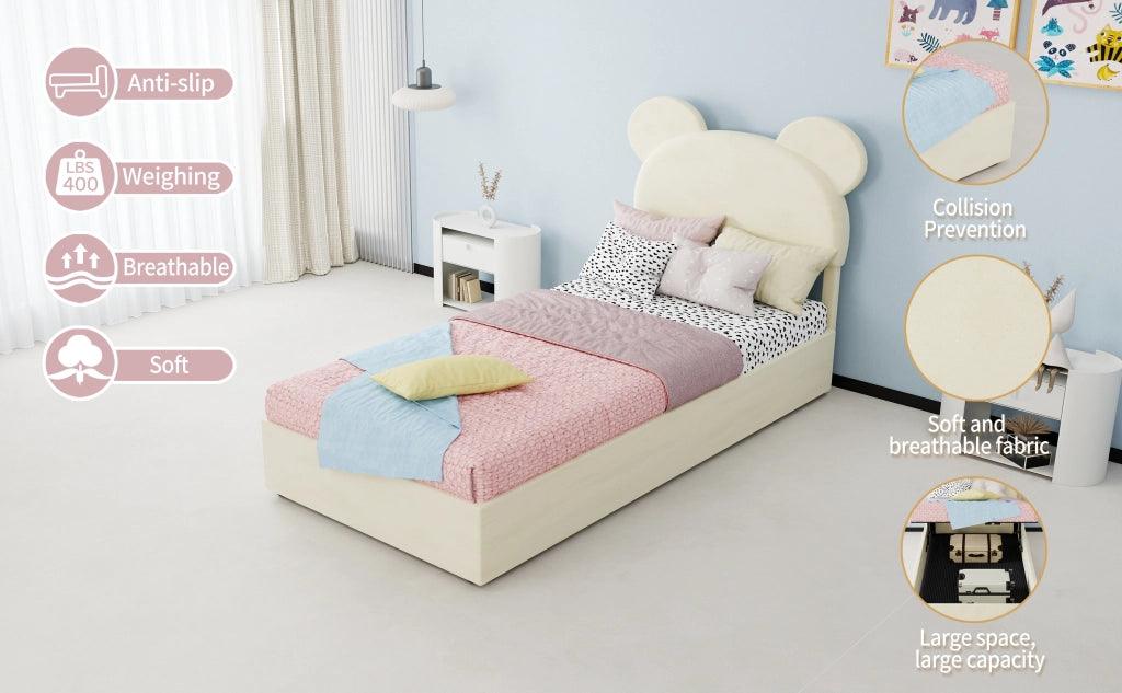DESMIU Letto per bambini 90 × 200 cm 1 posto con vano contenitore, testiera, senza materasso, beige