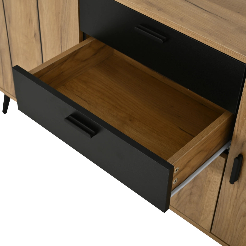Sideboard moderno 140¡Á35¡Á67 cm con 2 cassetti, 3 ante e 7 vani portaoggetti, MDF, Nero/effetto legno