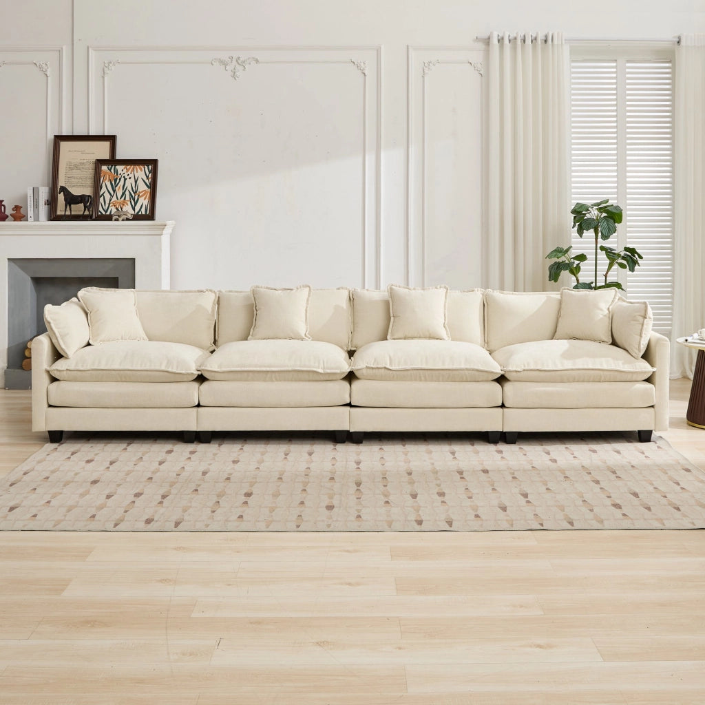 Divano modulare 4 posti con cuscini ergonomici e struttura flessibile in ciniglia beige per soggiorno 75 × 380 × 84 cm