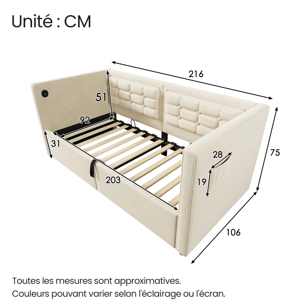 Letto contenitore singolo 90×200 cm con USB e Type-C; tasche laterali e schienale imbottito; senza materasso; beige