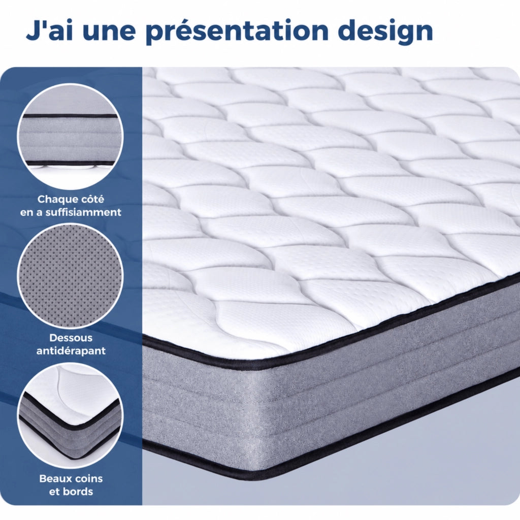 Materasso a molle insacchettate ULEVR a 7 zone con memory foam, altezza circa 20 cm, bianco e grigio