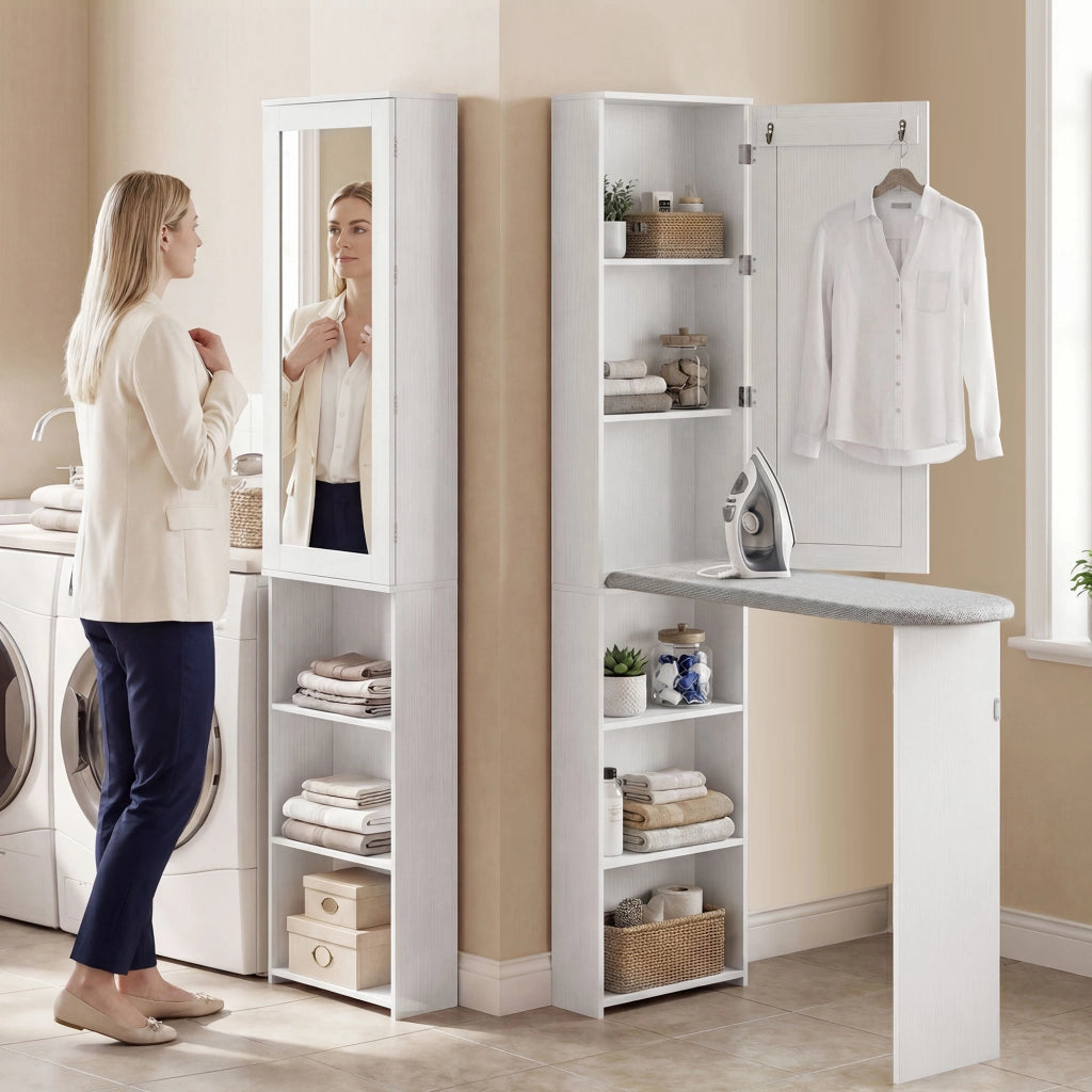 Mobile Asse da Stiro Pieghevole 107x35x174 cm a 6 Ripiani con Specchio e 2 Ganci in Legno e Poliestere Bianco