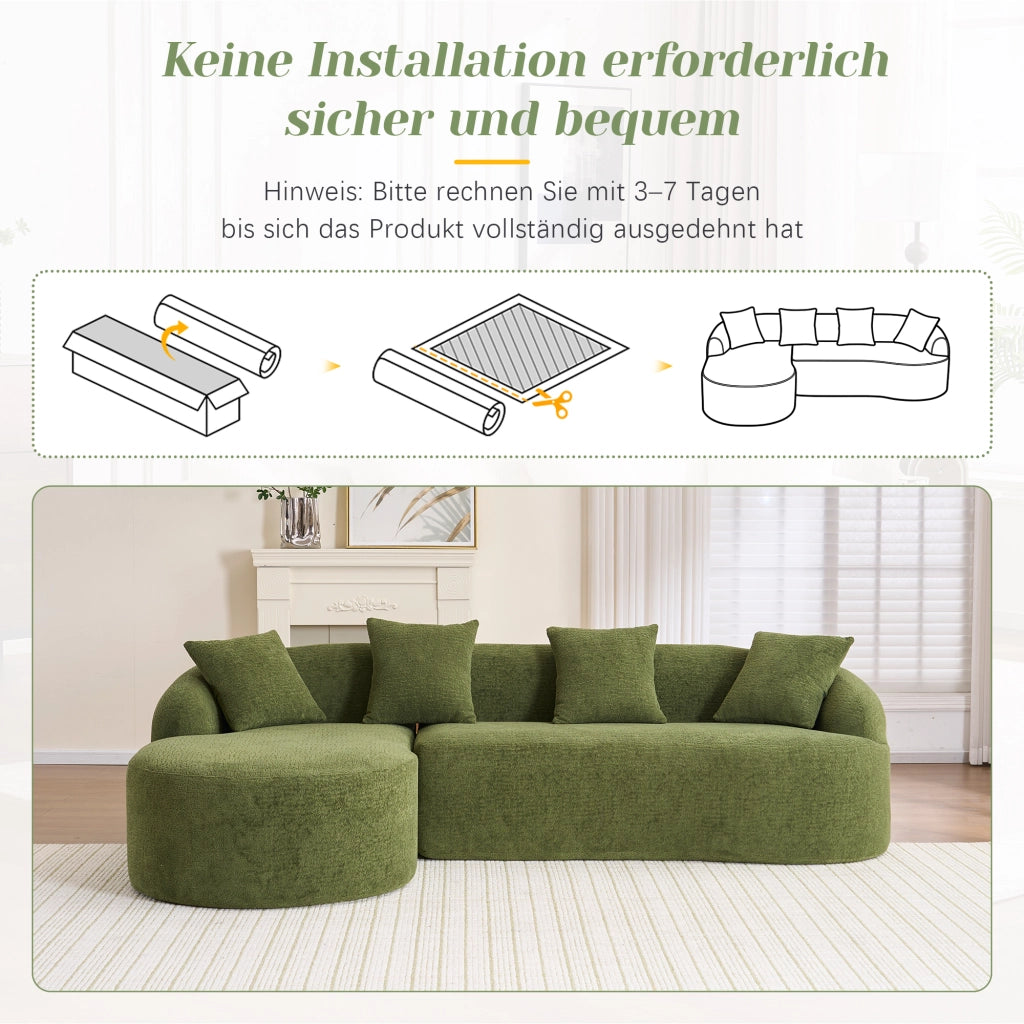 Divano modulare angolare curvo con chaise longue sinistra in chenille verde senza attrezzi 243 × 150 × 67 cm