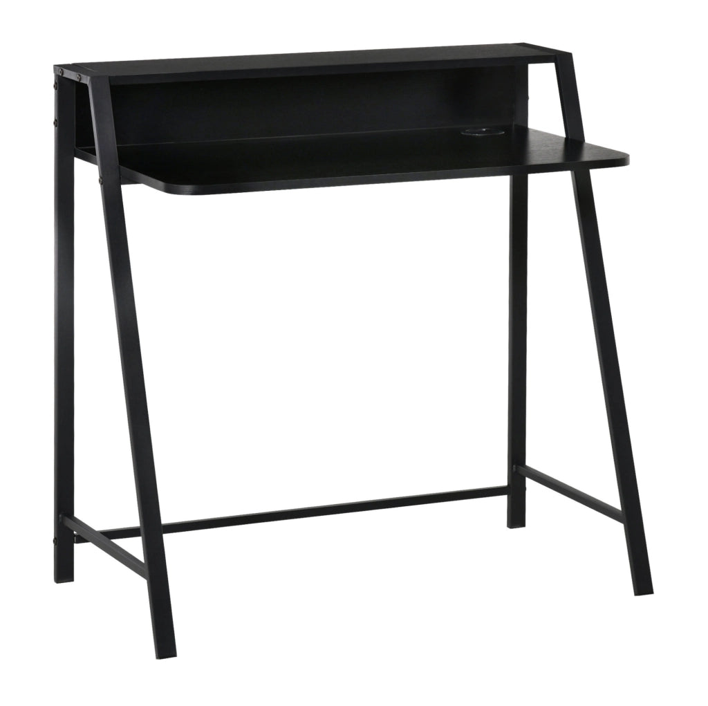 Scrivania per computer 84x45x85 cm in MDF nero con ripiano e passacavi