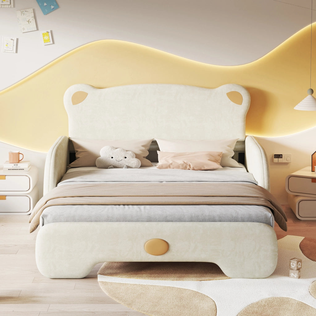 Letto matrimoniale forma orso imbottito velluto beige 140x200 cm