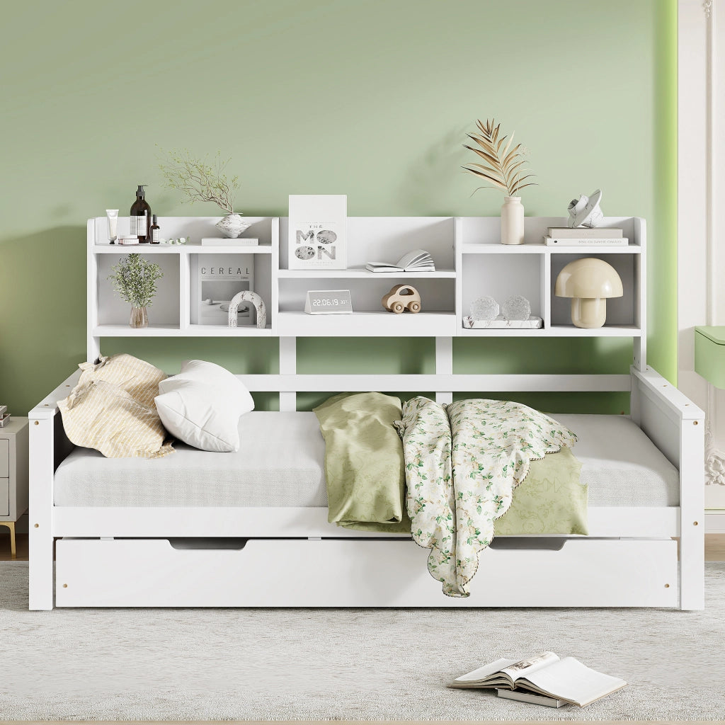 OKWISH Letto a Scomparsa 90×200 cm, Letto Singolo con Letto Estraibile 90×190 cm, Vani Portaoggetti e Cassetto, senza Materasso, Bianco