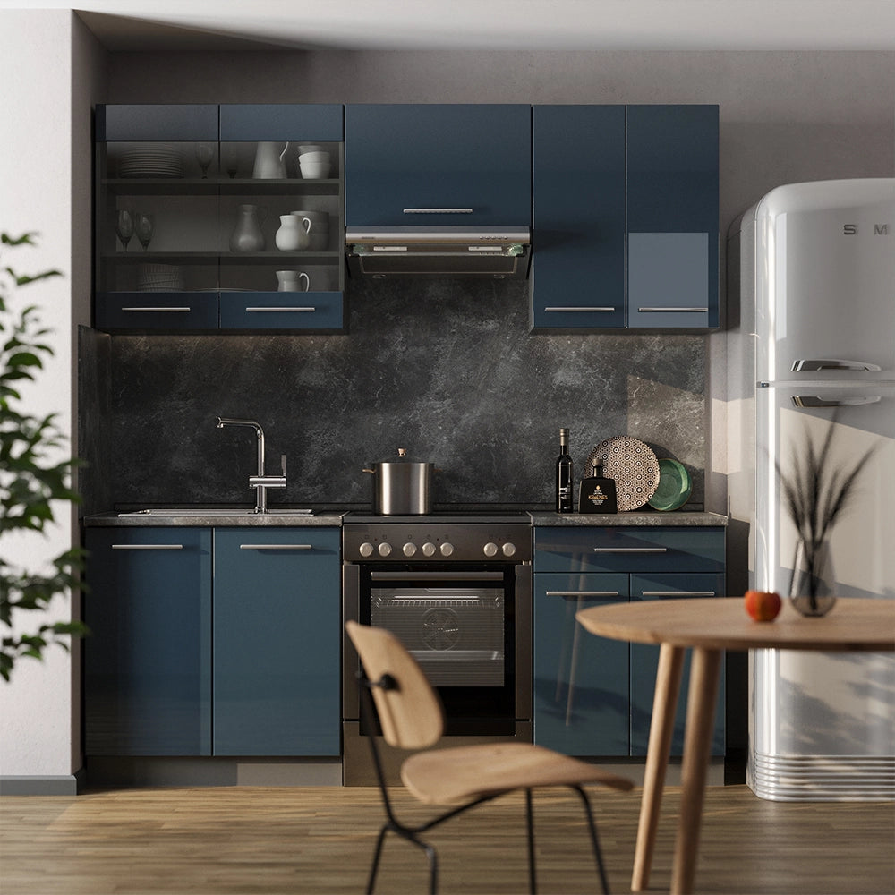 Mobili da cucina Fame-Line Blu scuro lucido/Antracite 200 cm, PL Rovere Vicco