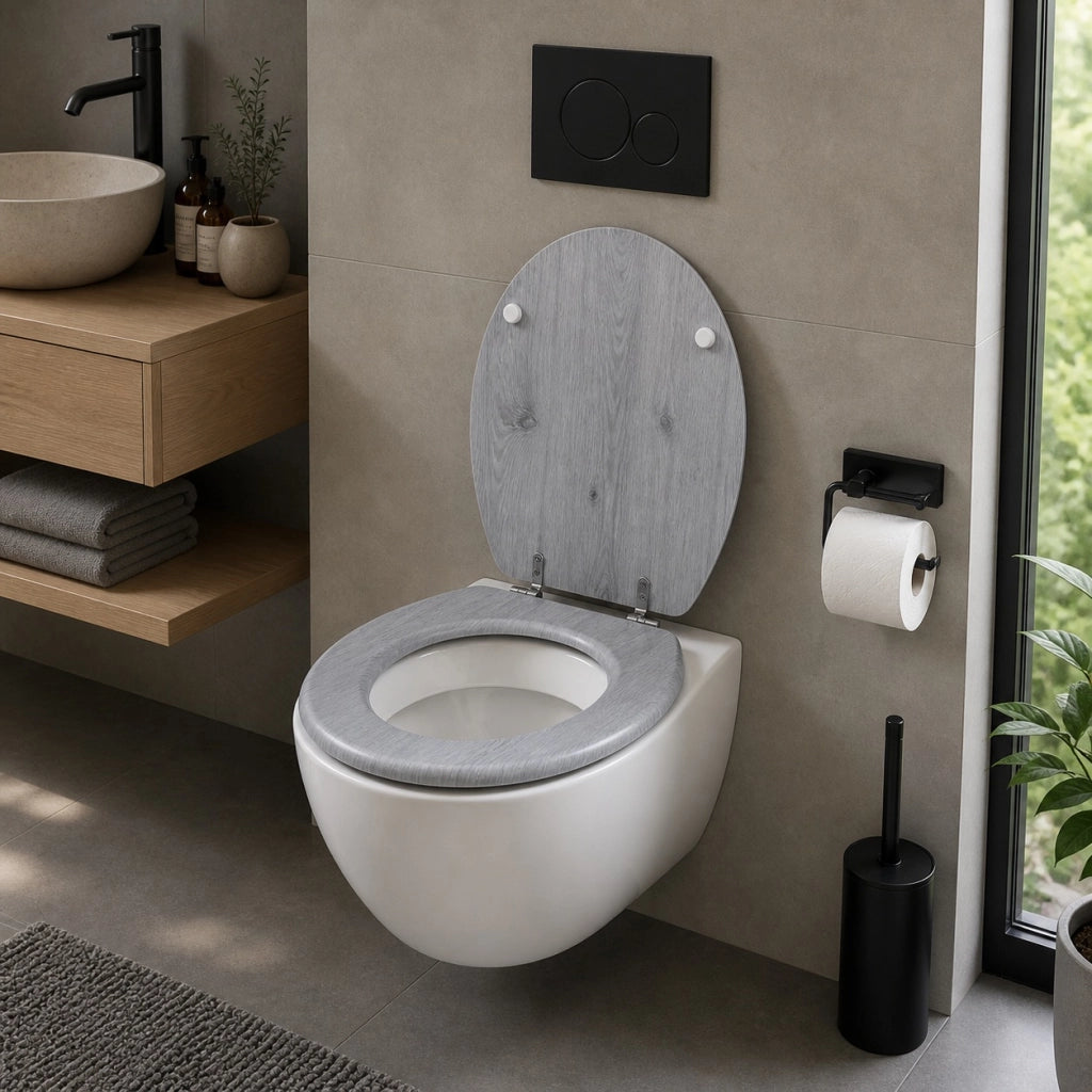 Sedile Copriwater Universale MDF Grigio Effetto Legno Con Cerniere 94103