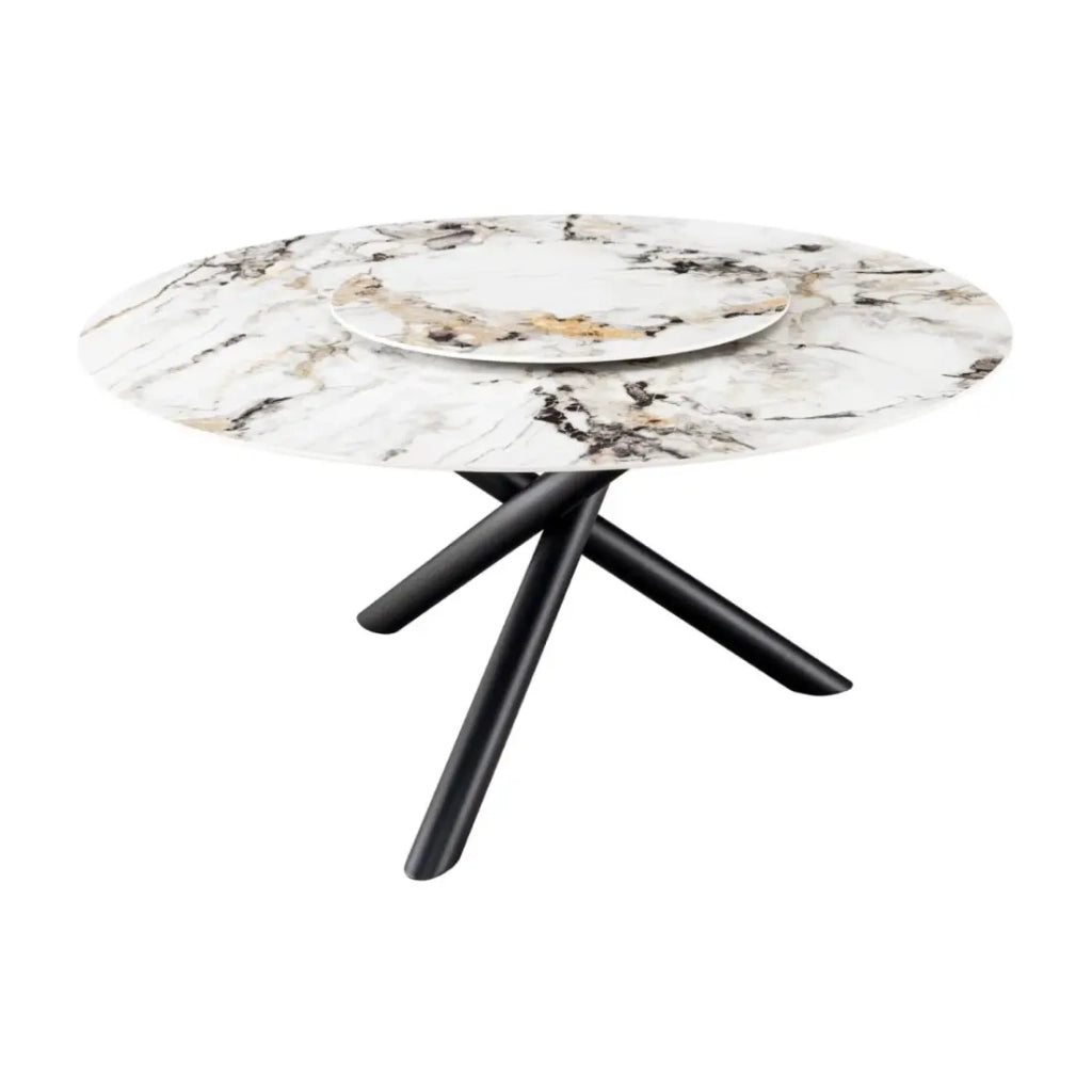 Table AXYA – Rotonda 150 cm – Piano in ceramica e vetro temperato effetto marmo bianco con piano superiore rotante