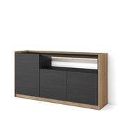 Credenza, Mobile, Cucina, 156x80x37 cm, 3 Porte, LED, Nero e rovere