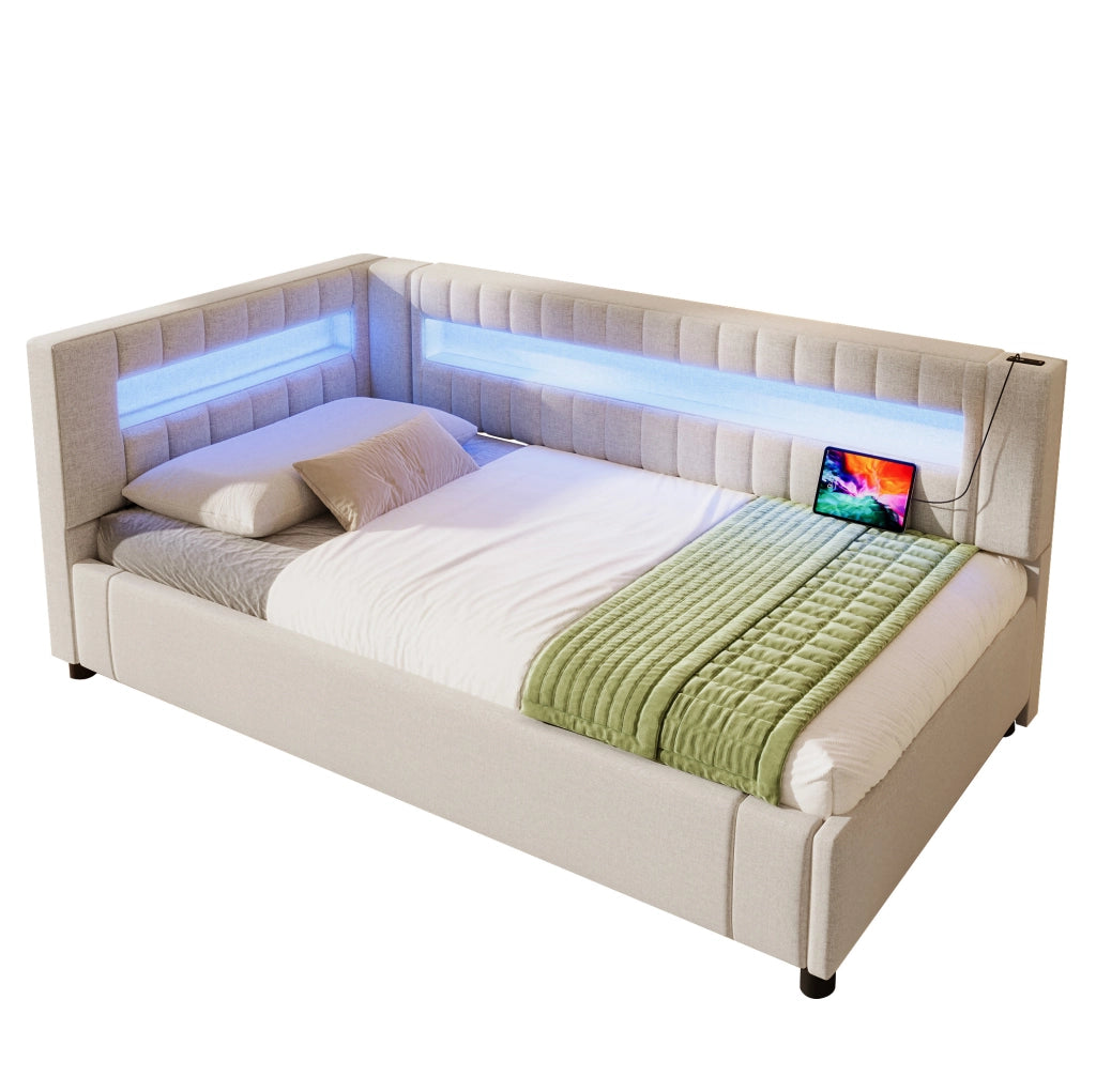 Letto da giorno 90x200 cm con LED; contenitore idraulico; USB e Type-C in lino beige