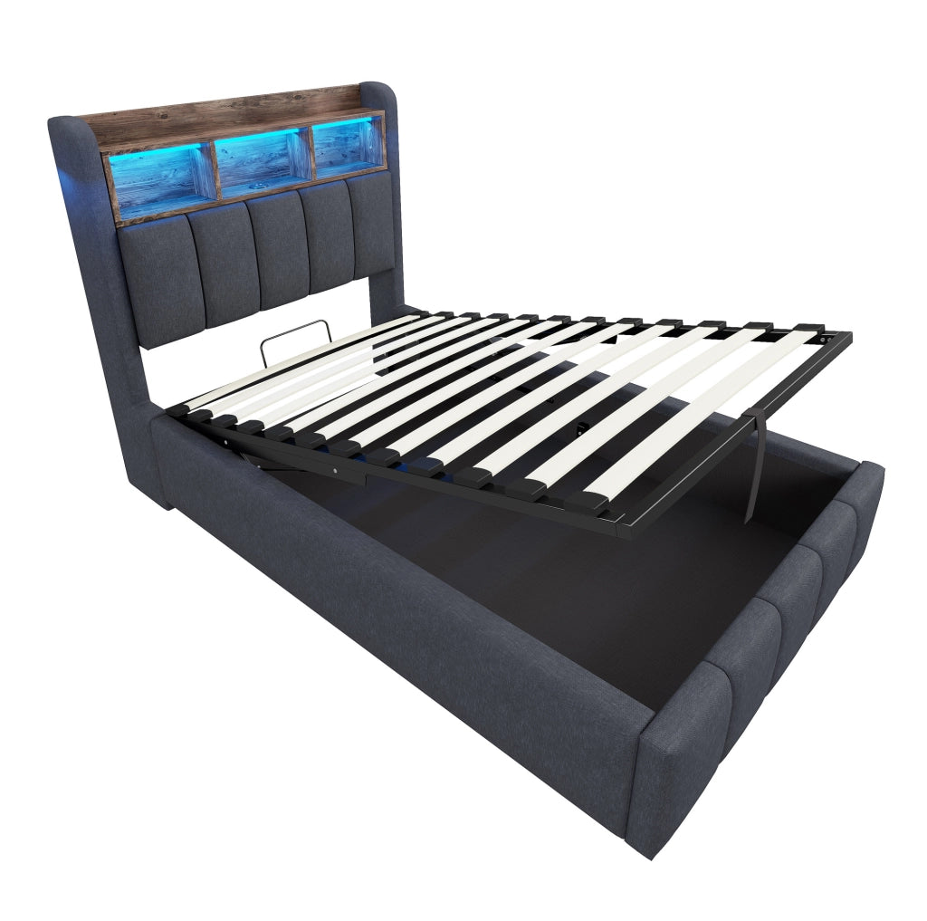 Letto imbottito 90x200 cm con LED, USB-C, contenitore idraulico e materasso grigio
