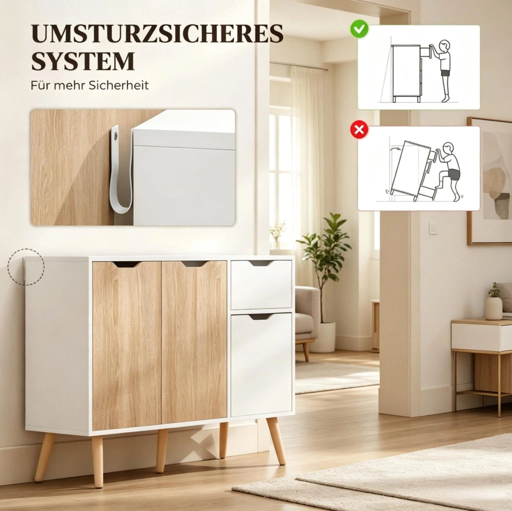 Credenza con 3 ante e cassetto estraibile; 90 x 30 x 72 cm; bianco e rovere chiaro