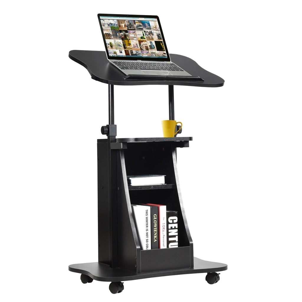 Carrello porta computer regolabile in altezza, Tavolo porta pc con superficie girevole da casa e ufficio con ruote, Nero-Tavolini per laptop