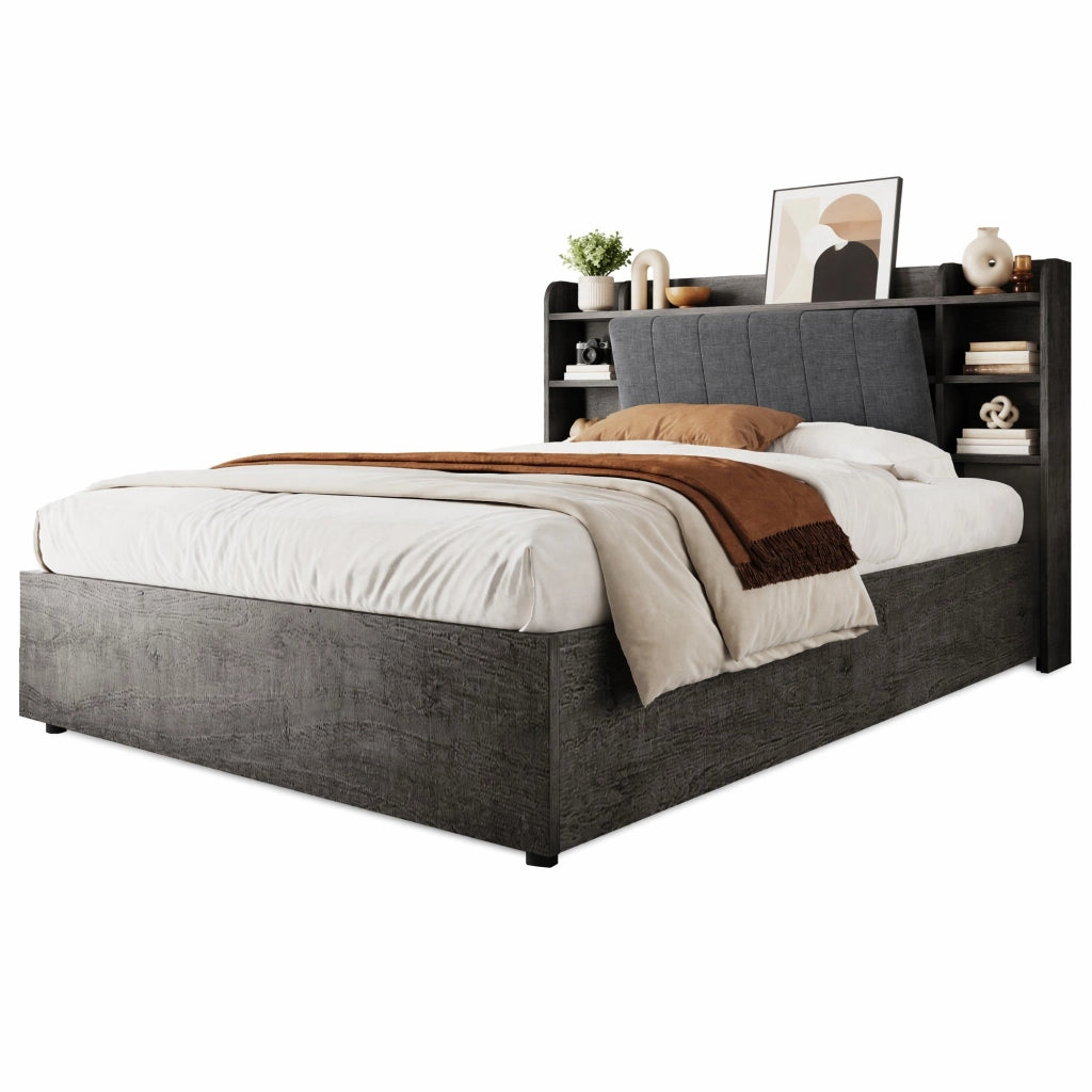 Letto multifunzione 180x200 cm con contenitore idraulico; testiera con vani e presa USB Type-C; grigio