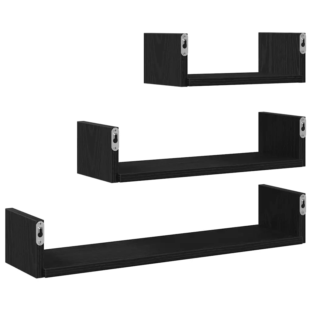 Mensole Parete 3pz Rovere Nero in Legno Multistrato 862405