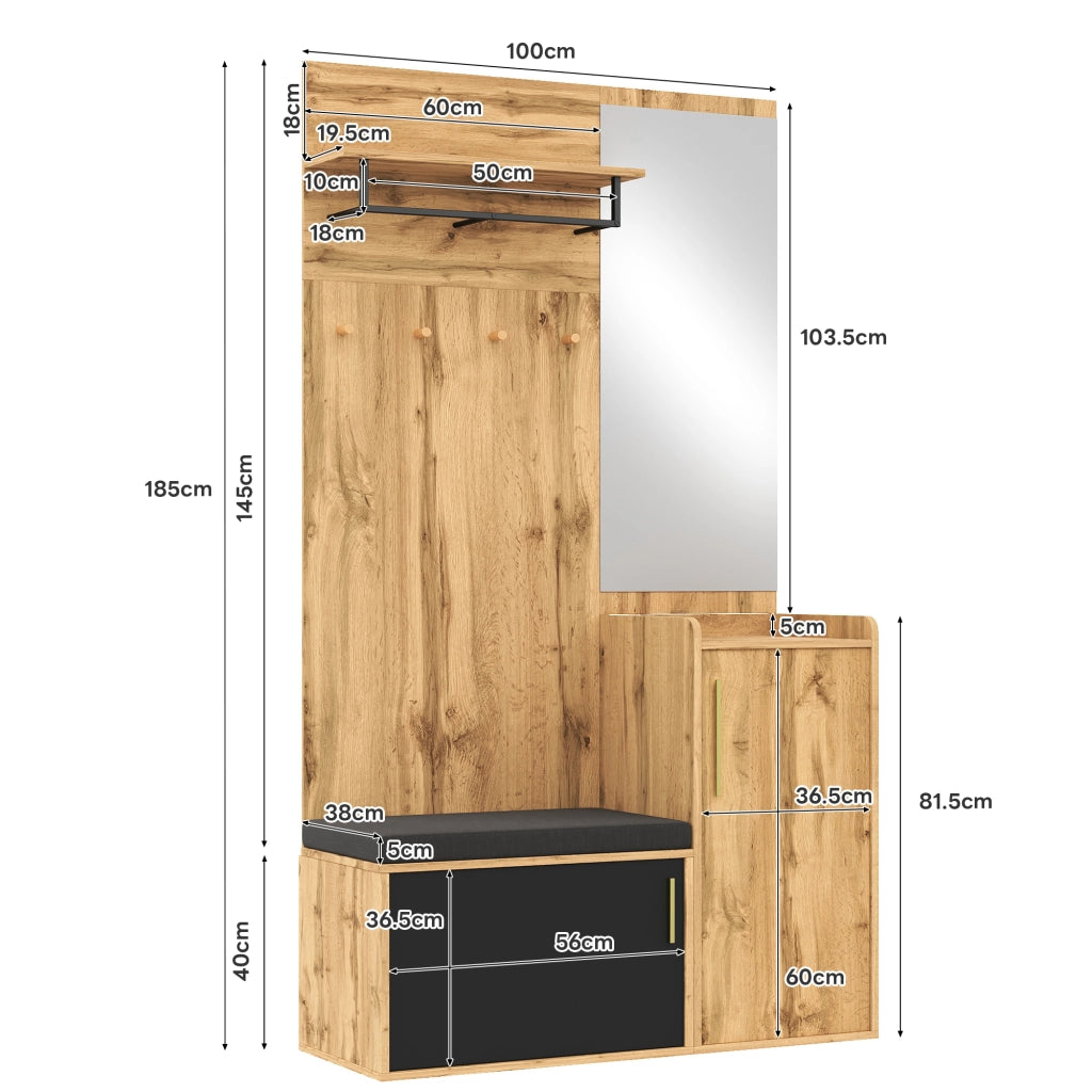 Mobile Ingresso con Specchio e Panca; Scarpiera con 1 Anta; Ganci e Ripiano; Stile Moderno; in Pannelli di Particelle; Nero e Rovere; 100??38??185 cm