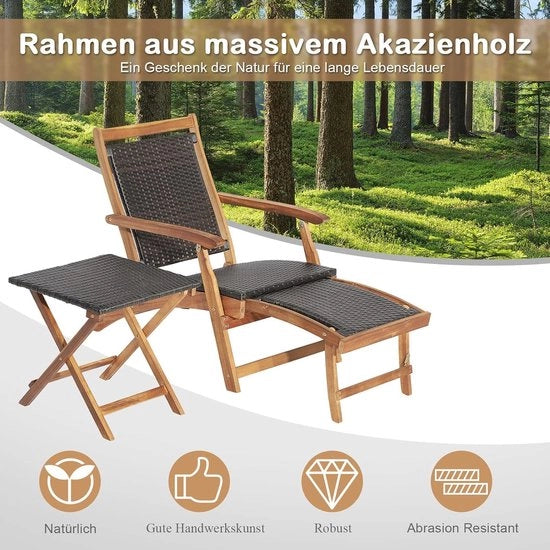 Sedia da giardino con tavolino supplementare, sedile in acacia con supporti in poliuretano, sdraio pieghevole con tavolo per giardino, balcone e piscina