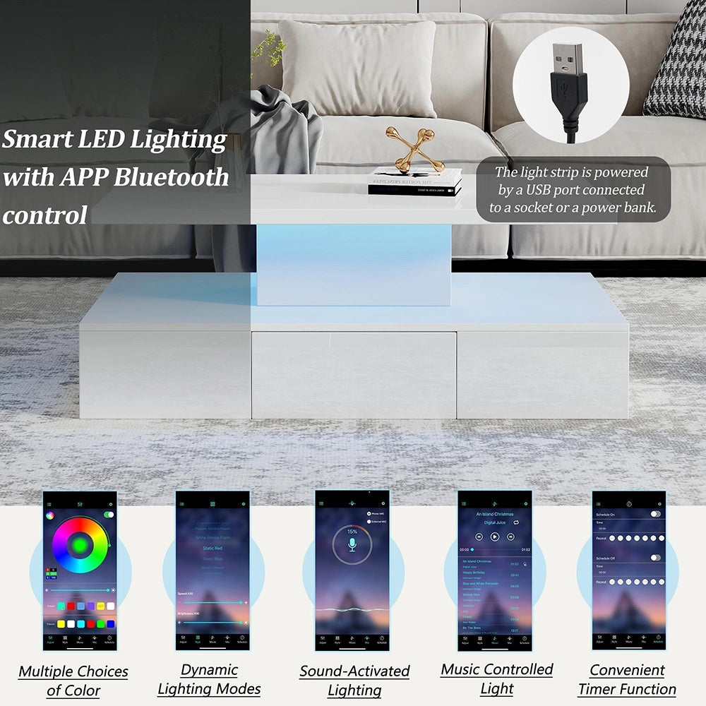 Tavolino LED - Xylo - 100x50cm 16 colori 1 cassetto bianco