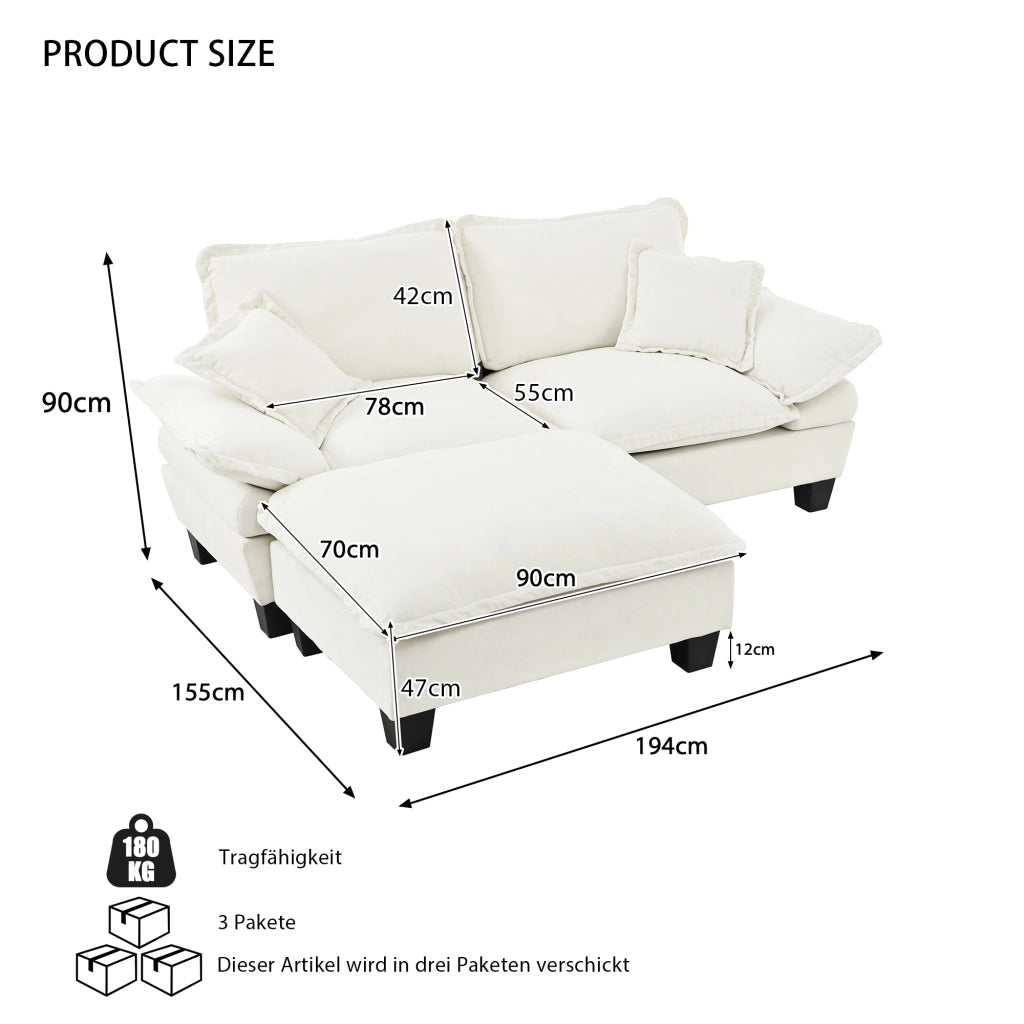 Divano angolare con chaise longue e cuscini; in chenille beige 194×151×90 cm