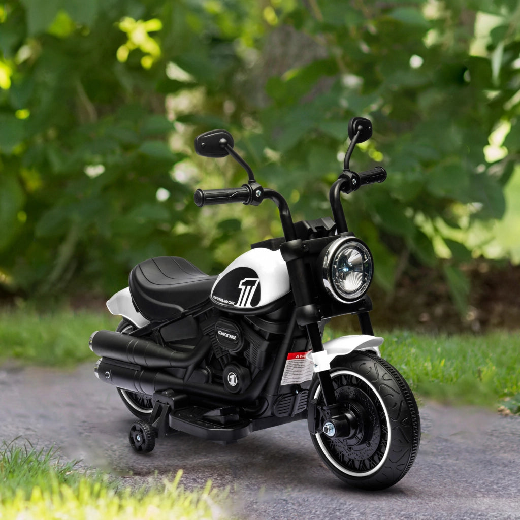 Moto Elettrica per Bambini 18-36 Mesi con Rotelle e Fanale. 76x42x57 cm. Bianco e Nero