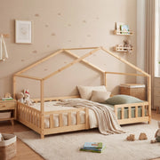 Letto per Cameretta Treviolo a Forma di Casetta in Stile Montessori 140x200 cm Naturale [en.casa]