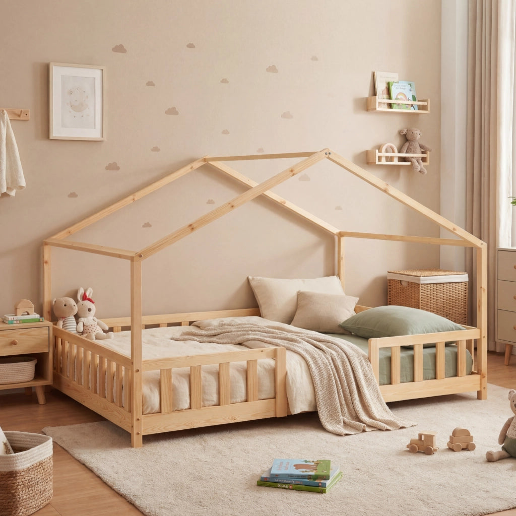 Letto per Cameretta Treviolo a Forma di Casetta in Stile Montessori 140x200 cm Naturale [en.casa]