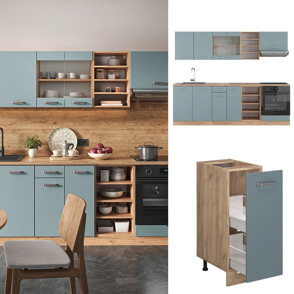 Cucina componibile R-Line Grigio-blu/Rovere dorato 240 cm, PL Antracite Vicco