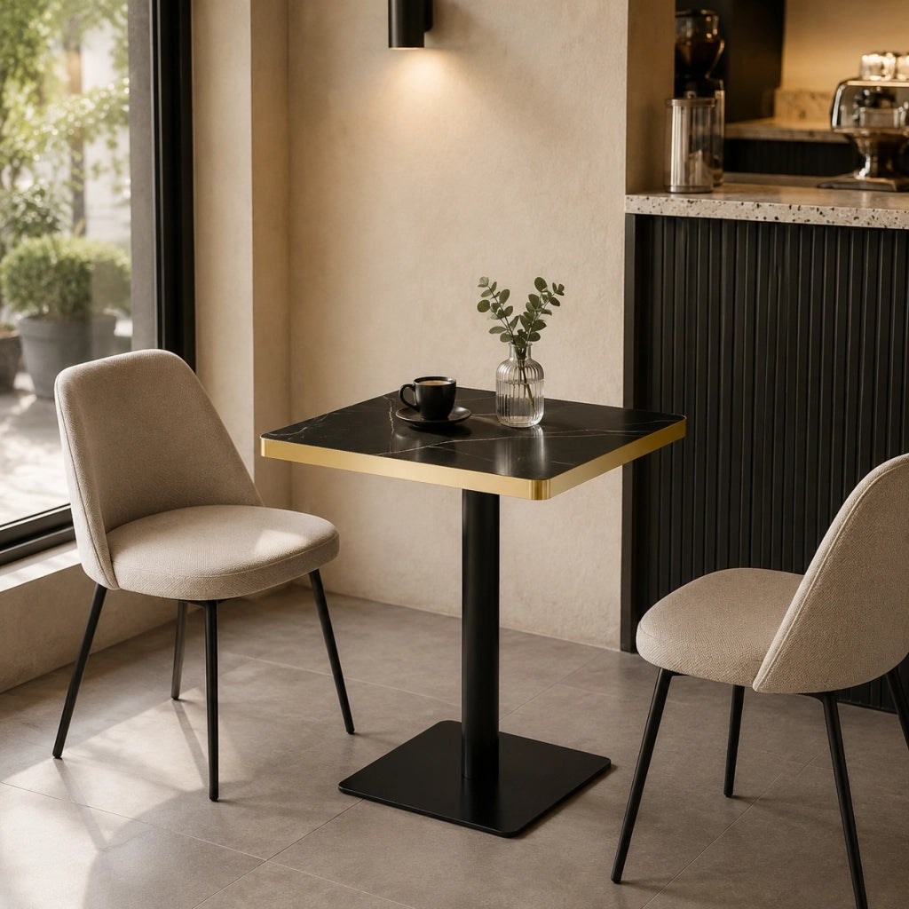 Tavolo da pranzo per 2-4 persone con piano quadrato effetto marmo e base in metallo, stile moderno, nero, 60 × 60 × 74 cm
