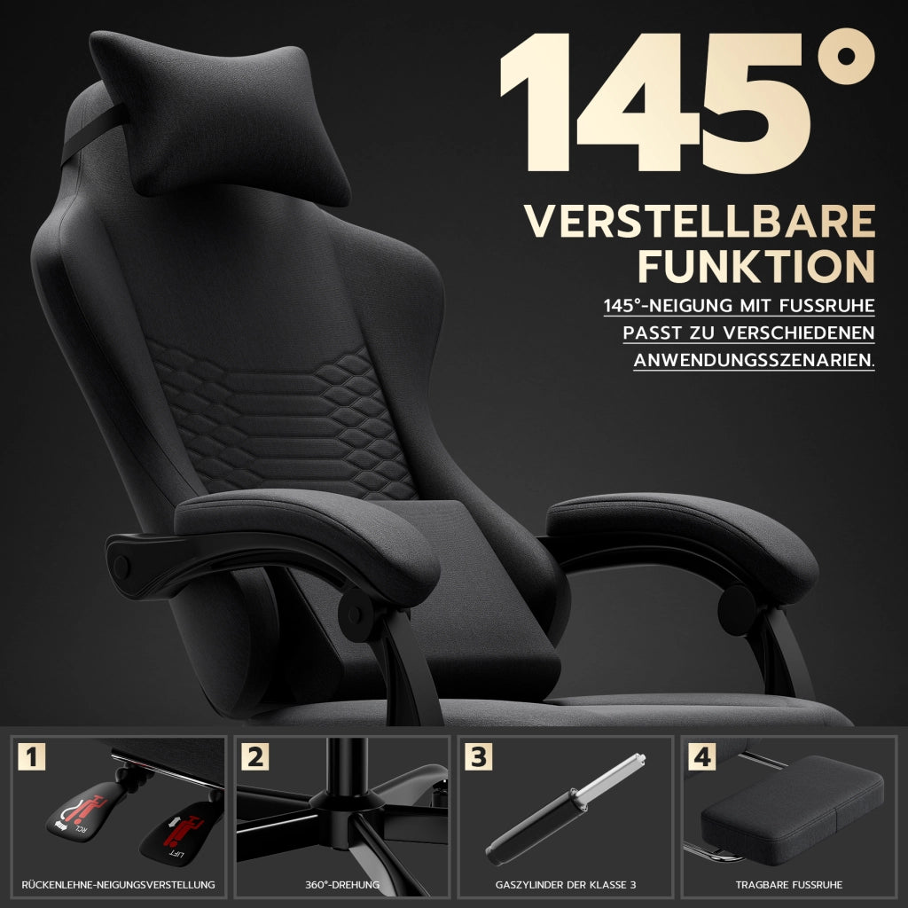 SEDIA GAMING ergonomica con poggiapiedi, poggiatesta, tessuto nero