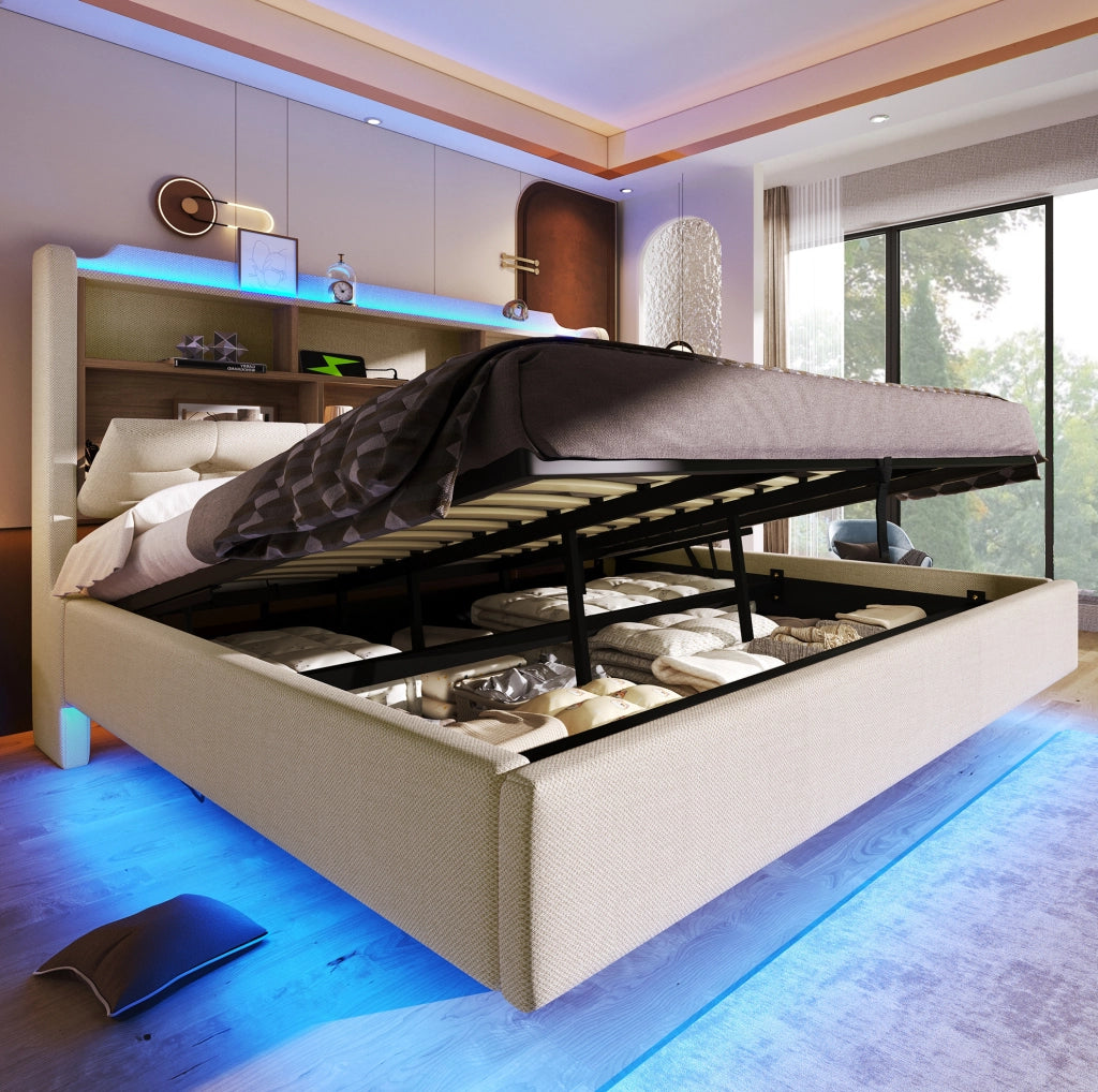 Letto imbottito 180x200 cm con LED; contenitore idraulico; USB e Type-C; beige