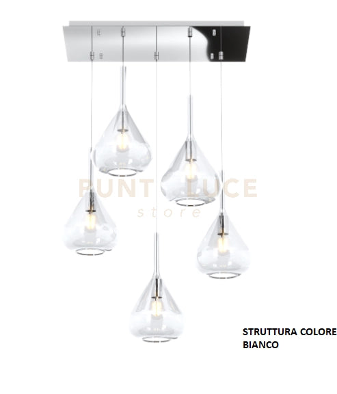 SOSPENSIONE BIANCO 5 LUCI RETTANGOLARE VETRI TRASPARENTE 1177BI-S5 R-TR
