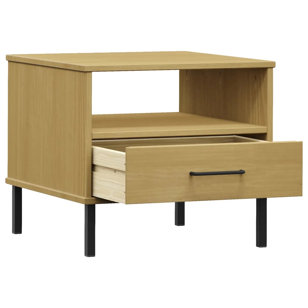Comodino | Armadio da Notte | Mobiletto da notte con Gambe in Metallo Marrone Legno Massello Pino OSLO