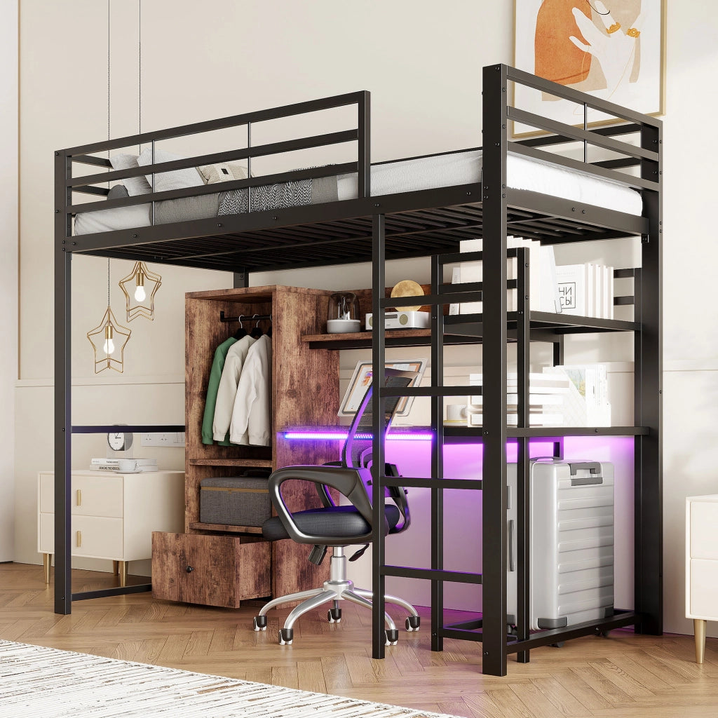 Letto a castello nero in metallo e MDF con illuminazione LED scrivania cassetti scaffali 90x200cm