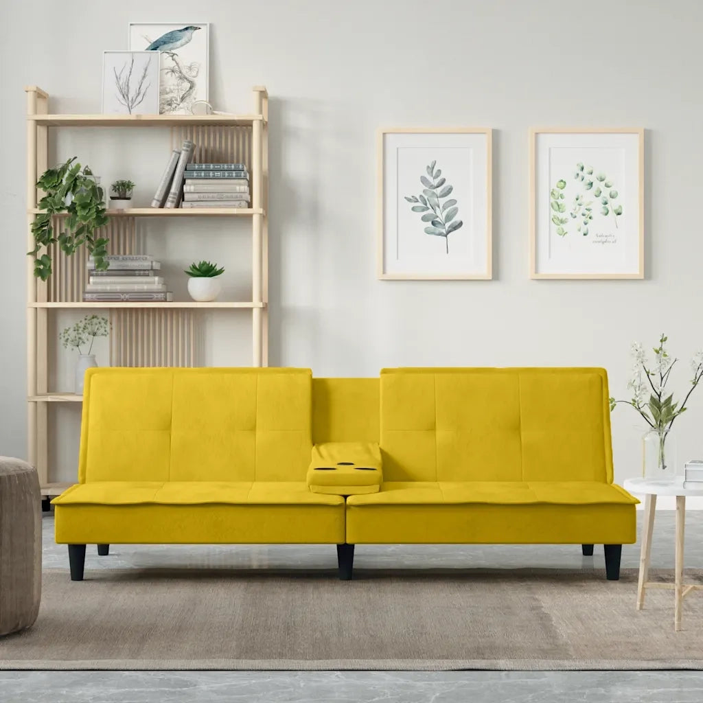 Divano Letto con Portabicchieri in Velluto Giallo