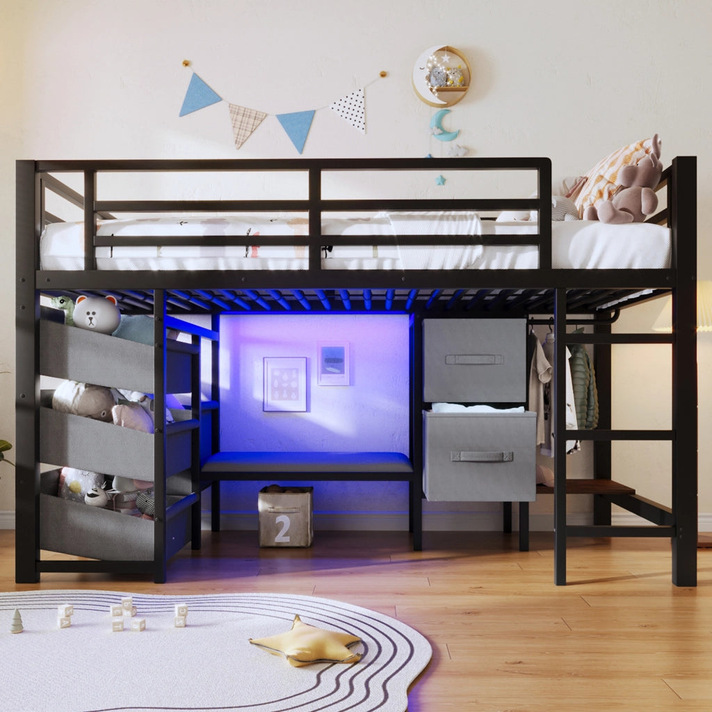 Letto a Soppalco 90x200 cm, con LED, Tasche, Appendiabiti e Cuscino - Metallo - Nero