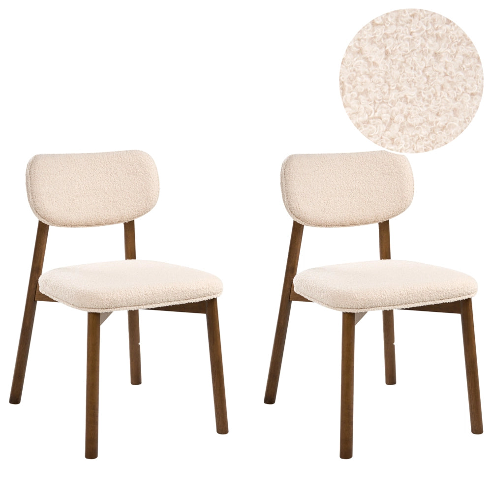 Set di 2 sedie da pranzo marrone e beige chiaro con struttura in legno di gomma bouclé e seduta e schienale imbottiti