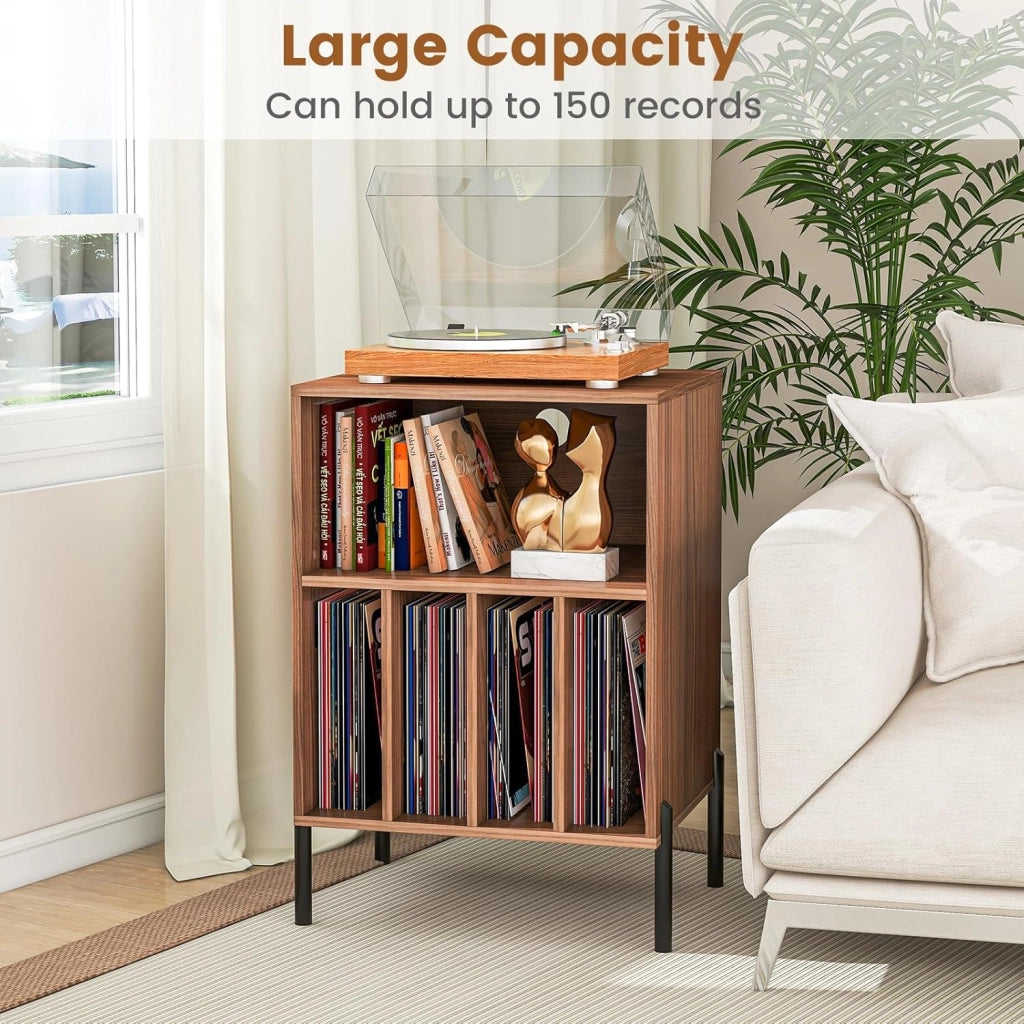Tavolino da Letto Mobile Giradischi con Base di Ricarica, Comodino per 150 Album, 2 Porte USB, 1 Tipo C, 5 Scomparti, Gambe in Metallo, Supporto per Giradisco, 53 x 45 x 78 cm, Colore Noce