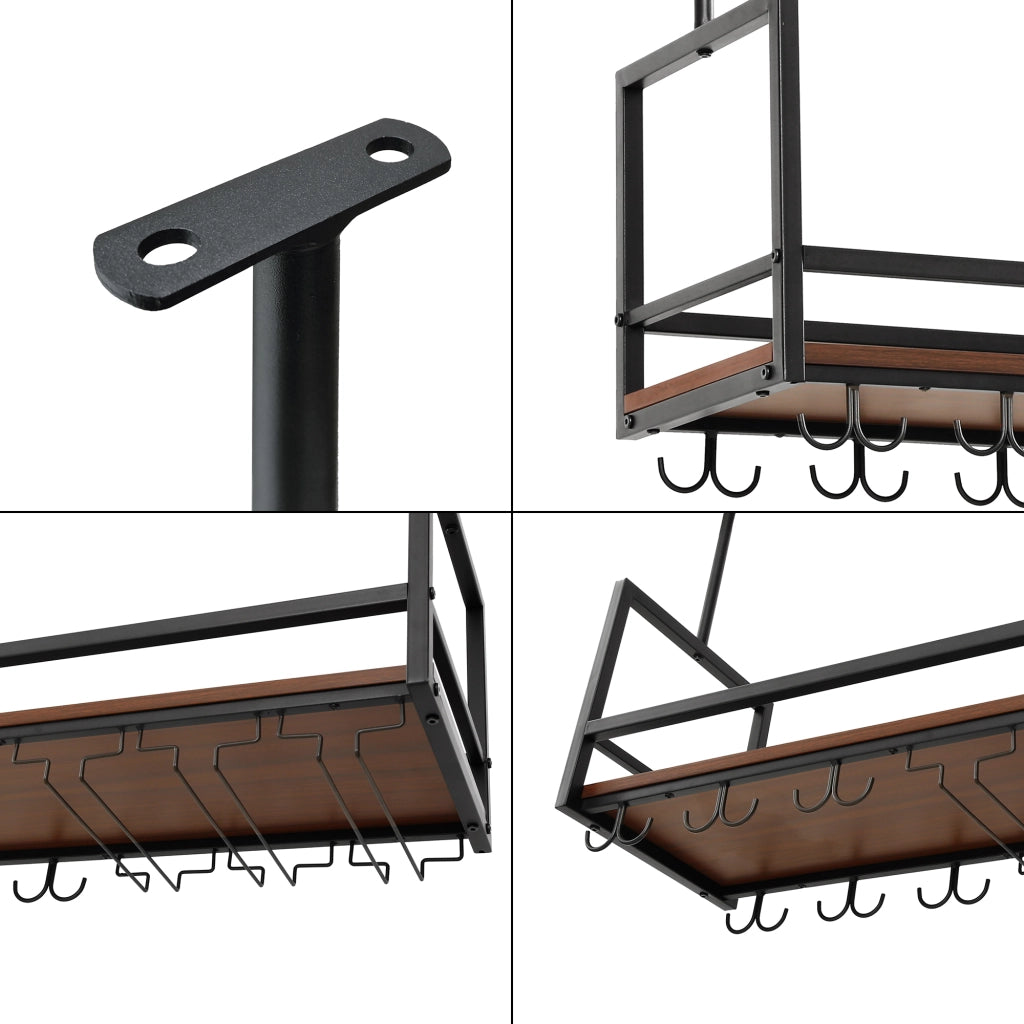 Portabottiglie Sospeso da Soffitto Borejle con Portacalici e Ganci per Tazze 80x30x65 cm Nero / Effetto Noce [en.casa]
