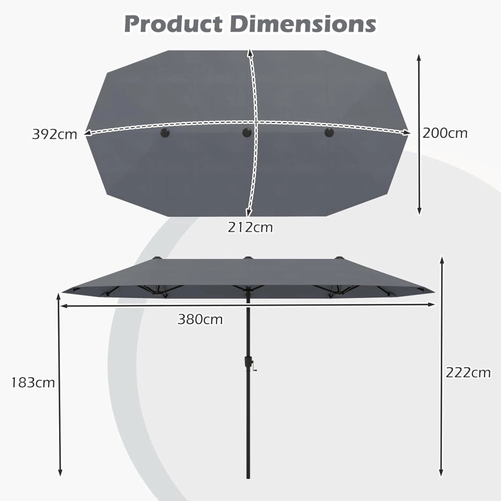 Ombrellone da giardino 4 x 2 m, ombrellone doppio con 12 aste e manovella, parasole rettangolare con protezione solare, per balcone, terrazza, piscina, senza base