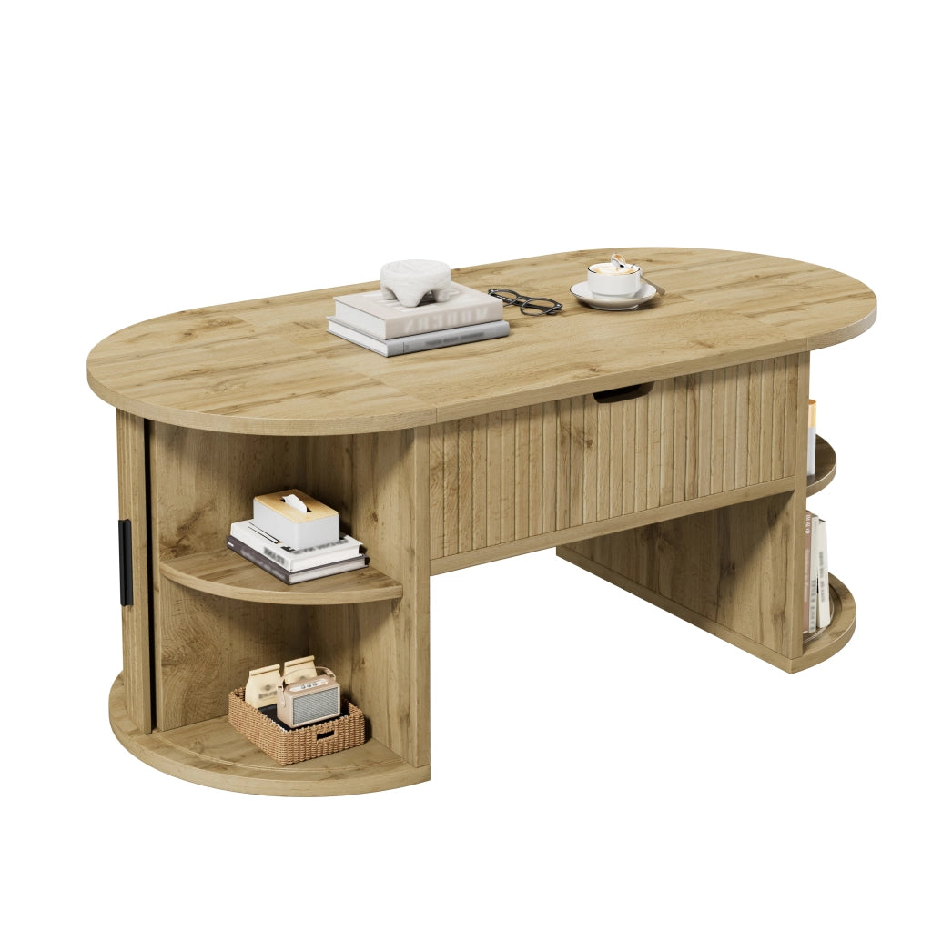 Tavolino da Caffè Sollevabile Ovale con 2 Ante Scorrevoli e Ripiani Aperti; Stile Moderno Retrò; in MDF; 100×50×40;5 cm; Rovere