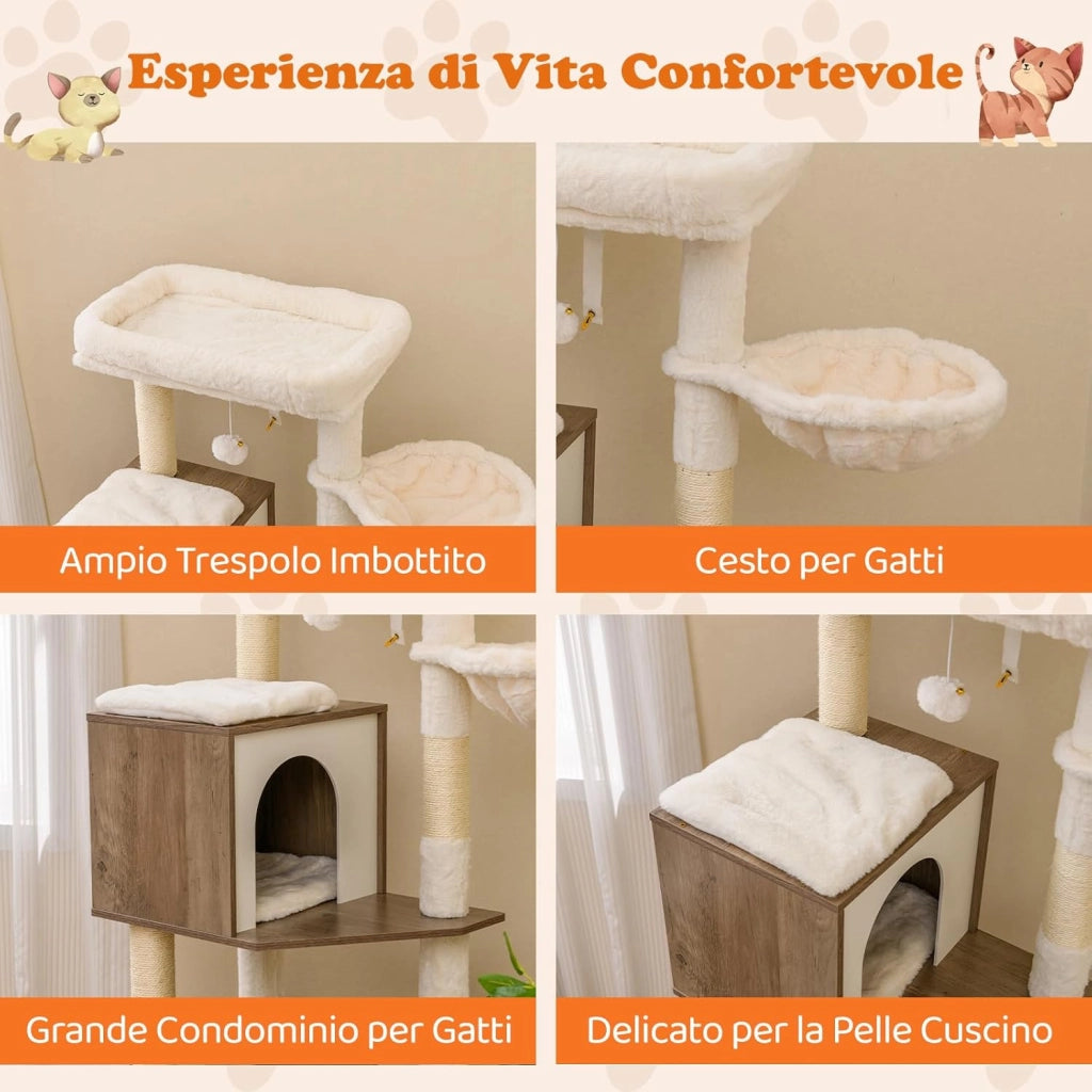 Mobiletto per Lettiera per Gatti, Tiragraffi per Gatti con Posto Graffio in Sisal e Tappetino, Pallina Pendenti, Toilette Nascosta e 2 Ciotole per Cibo, Mobili Moderni per Gattini (Grigio)
